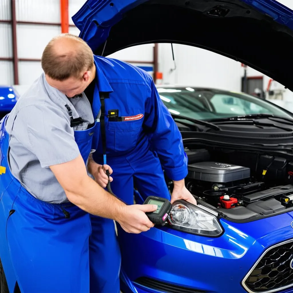 Mechanic Using OBD II Scanner on 2017 Ford Fiesta